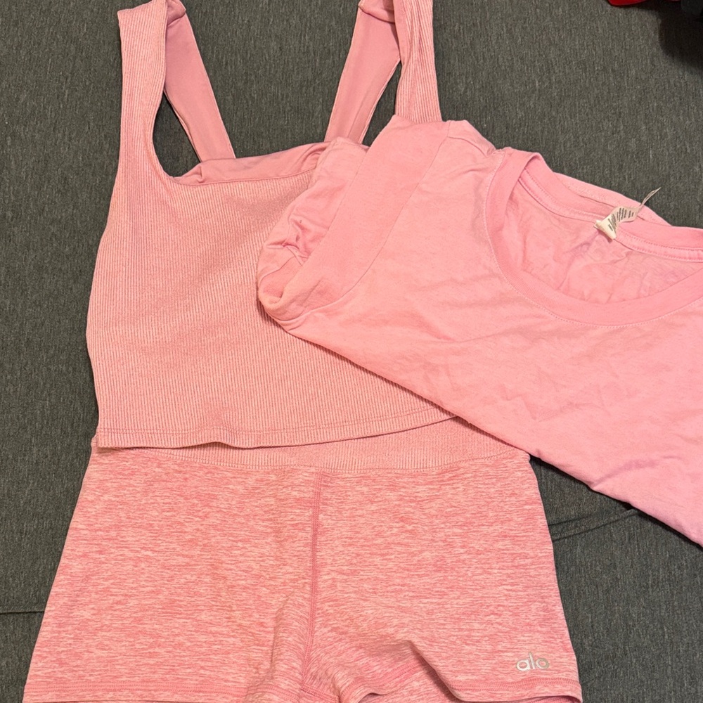 ALO Yoga Women's AloSoft Heather Pink Set (Top, Tank, Shorts)